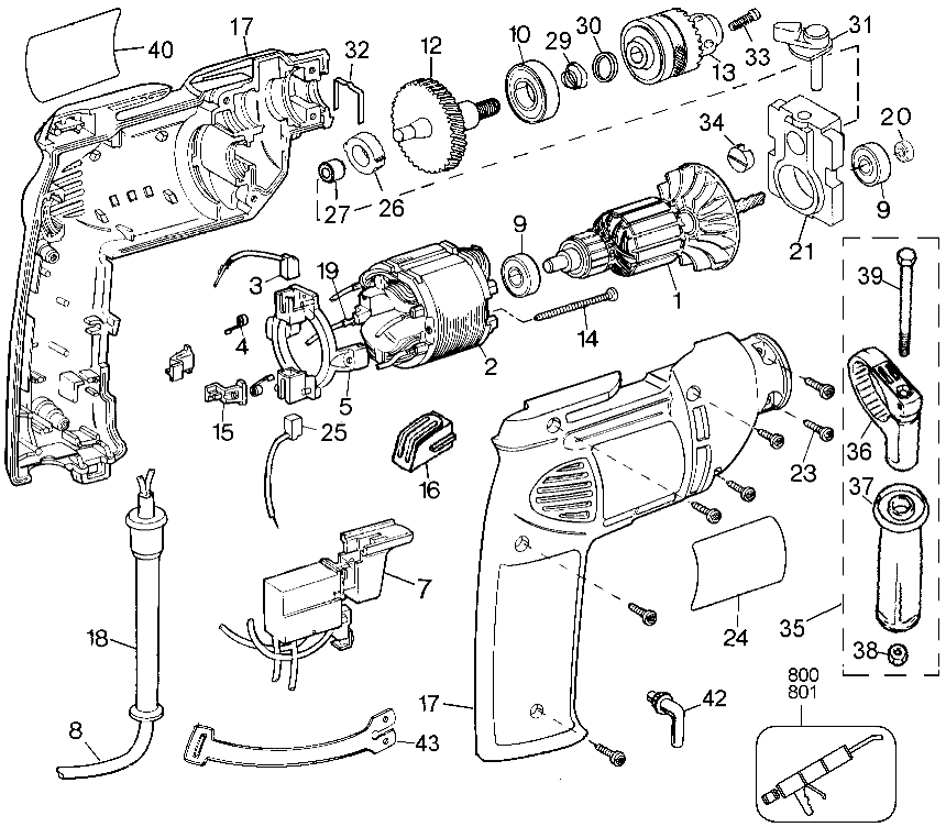 Default Diagram and Parts List for 2234-36 Type 1 Black and Decker Hammer Drill